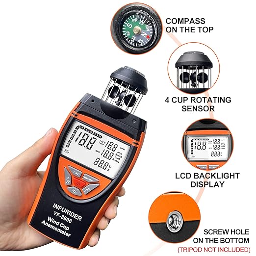 Handheld Wind Cup Anemometer,INFURIDER YF-8806 Digital Wind Speed Gauge Meter Shows Wind Temperature,Max/Min/Avg Air Volume,Wind Velocity/Direction w/Compass for HVAC Weather Monitoring
