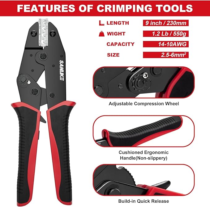 Sanuke Crimping Tool For Non-Insulated Wire Connectors-AWG 22-6 Ratcheting Wire Terminal Crimper-Electrical Crimping Tool for Non-Insulated Connectors