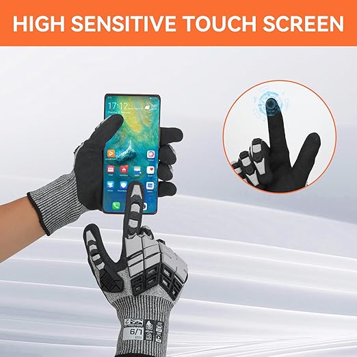 Safety Work Gloves, Impact Gloves for Men Women, Cut Resistant Non-Slip Heavy Duty Gloves with Nitrile Grip, Touch Screen Glove with Impact Protection for Mechanic Construction, Small, Grey
