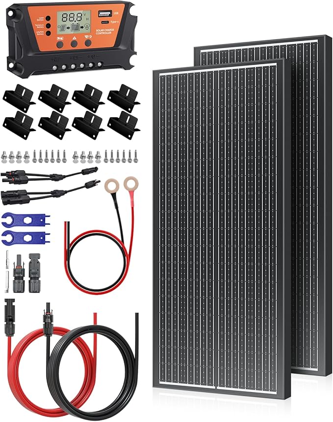 18BB 200W 12V/24V Solar Panel Kit, 2pc 100 Watt N-Type Panels, 30A PWM Charge Controller, Y-Branch Cables, Z-Brackets, for RV, Camper, Vehicle, Caravan
