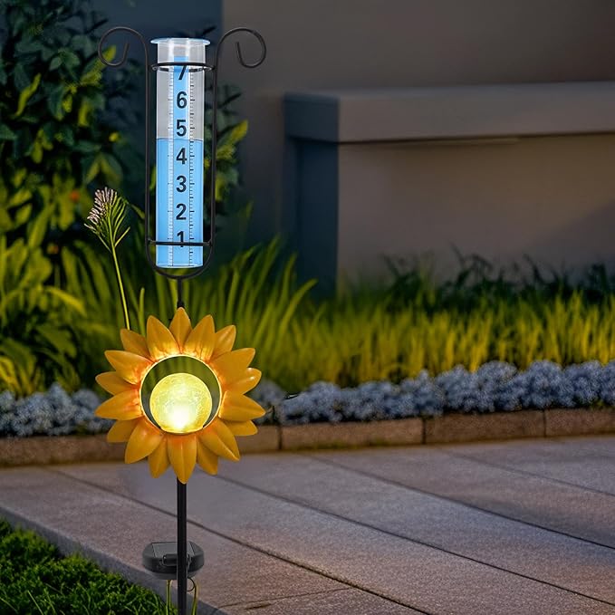 MUMTOP Rain Gauge Outdoor, 34 Inch Large Number Solar Lights Sunflower Water Gauge for Lawn, Yard and Garden