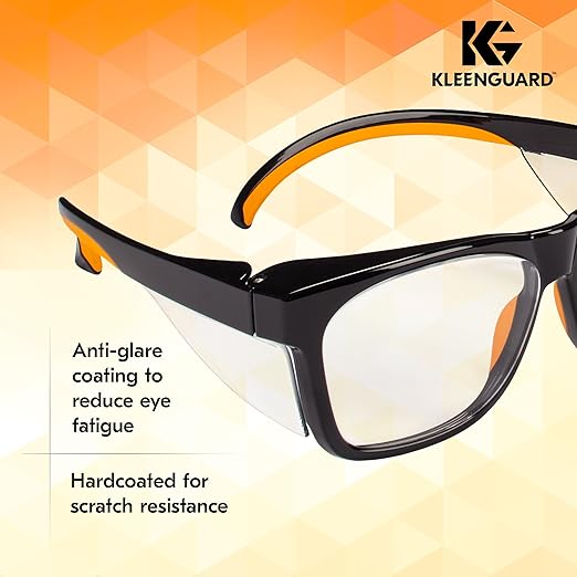 KleenGuard™ Maverick Eye Protection, (49312), Clear Anti-Glare Lenses with Black Frame and Orange Tips, 12 Pairs / Case