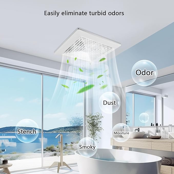 Bathroom Exhaust Fan for Ceiling,Household Bath Vent Ventilation Fan,110 CFM,4-in Duct,1.0 Sones Quiet Operation,13W Energy-Saving 12" Plastic Panel Shower Vent Extractor,10"x10" Mounting Hole