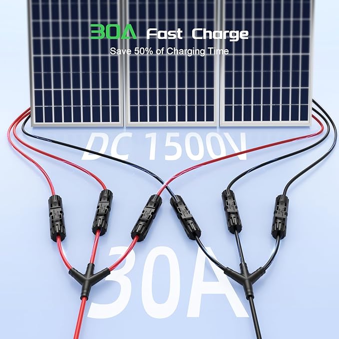 Bateria Power Solar Connectors - 30A Y-Branch Cable with Parallel Solar Panel Wire Connectors (Black and Red) in Pair (1*M/FFF+1*F/MMM)