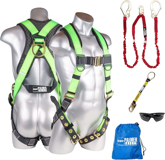 Palmer Safety Fall Protection Safety Harness Kit I Construction Harness + Various Lanyard + D-Ring Extender