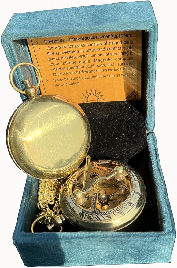Brass Antique Sundial Compass with Leather Case | Push Button 5 Cm Dia Antique Finish Vantage Compass with Long Chain | Birthday Gift, Baptism Compass