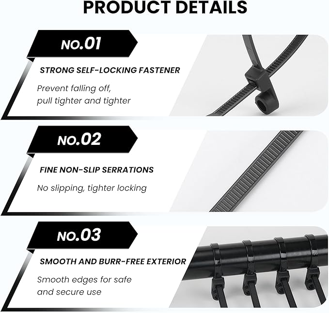 Heavy Duty Zip Ties with Screw Hole, 75lbs Tensile Strength, 7.5 Inch Mountable Cable Ties for Indoor & Outdoor Use, 50PCS Black Nylon Universal Cable Tie Buckle