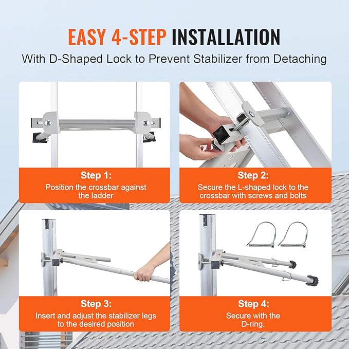 VEVOR Ladder Stabilizer, Adjustable Feet Extension Ladder Standoff, Heavy Duty Wall Ladder Accessories for Roof Gutter, Easy to Use & Wide Adaptability & Anti-Slip Rubber Feet, 330 lbs Weight Rating