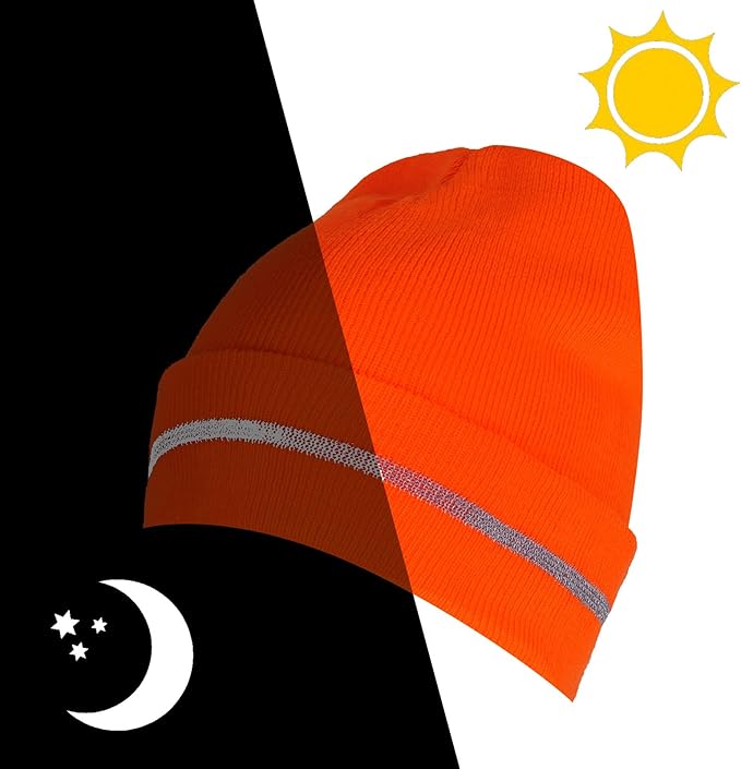Sucrain 2 PCS Reflective Knit Hat Adult Safety Beanies Hats Warm Winter Knit Caps with Reflective Stripes for Outdoor Work