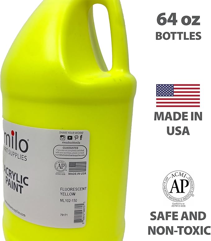 milo Fluorescent Yellow Neon Acrylic Paint | 64 oz Bottle Half Gallon | Glows UV in Black Light | Non-Toxic Made in USA | Bulk Art Paint for Party, Student, Classroom, Artist