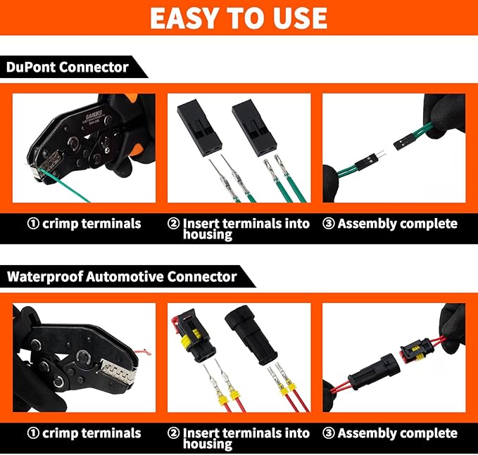 Sanuke Wire Crimping Tool, Ratcheting Wire Crimper for Open Barrel Terminal Connectors, Electrical Crimping Tool for DuPont AMP Deutsch DELPHI JST TYCO Connectors, 24-14 AWG