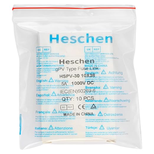 Heschen Solar DC1000V PV Fuse, Photovoltaic Fuses, gPV Type Fuse Link, HSPV-30, 10 * 38mm, 5A 1000VDC, I1 33kA, for Solar PV System Protection, 10PCS
