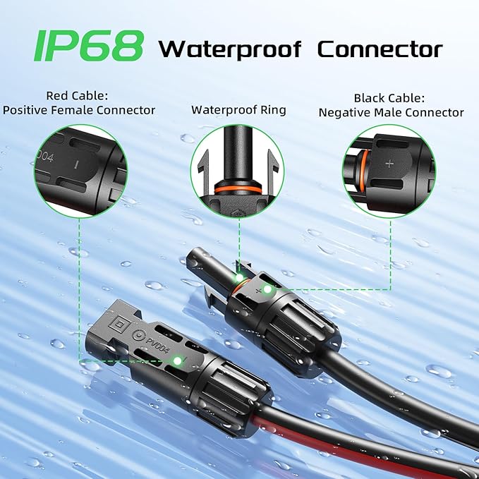 Bateria Power 6 Feet 10AWG Solar Panel Extension Cable, 6mm² Twin Wire Conductor Parallel Solar Wire Adapter Kit with Waterproof Female & Male Solar Connectors for RV, Marine, Photovoltaic Systems