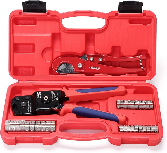 iCrimp One-Hand PEX Pipe Cinch Tool Kit, PEX Crimping Tool with Removing Function for 3/8-1 inch Clamp Rings, with 20PCS 1/2-in, 10PCS 3/4-in PEX Clamps and Pipe Cutter