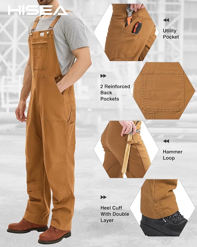HISEA Flex Canvas Overalls for Men, Bib Work Double Knee Stretch Overall, Relaxed Fit Lightweight Workwear with Pockets