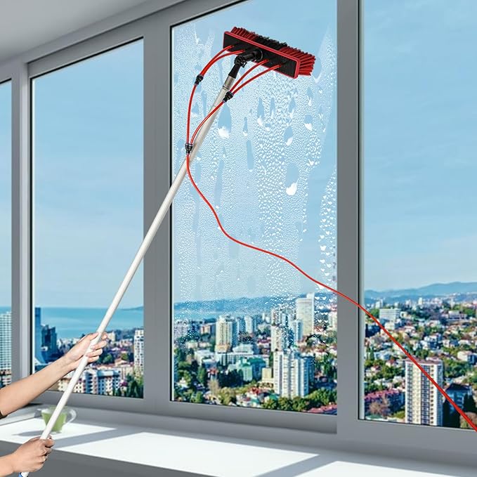 Window Cleaning Poles, Water Fed Pole Cleaning Brush with 65ft Water Pipe, Solar Panel Cleaner Tool for Outdoor and Indoor Glass Surfaces