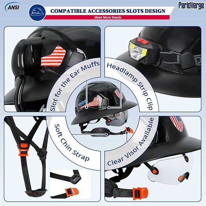 Full Brim Hard Hats Construction OSHA Approved with Visor-Vented Hard Hat with Neck Gaiter with Ear Loops,Safety Hard Hats for Men with Chin Strap ANSI Z89.1 Type 1 Class C,6-pt Suspension