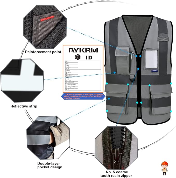 Reflective Security Safety Vests Heavy Duty with 7 Pockets and Front Zipper