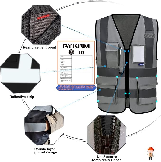 Reflective Security Safety Vests Heavy Duty with 7 Pockets and Front Zipper