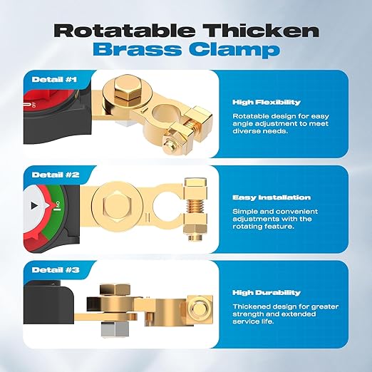 Top Post Battery Disconnect Switch Negative Brass Clamp 275A Heavy Duty 12V/24V/48V Battery Cut Off Master Kill Switch for Car, Marine, RV, Boat, Truck