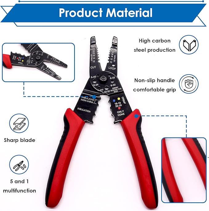 smseace Red Wire Crimping tool Wire crimper,stripper and cutter for insulated/Bare/Heat Shrink connectors(22-10 AWG) Multifunctional Cable Stripper and Crimping tool