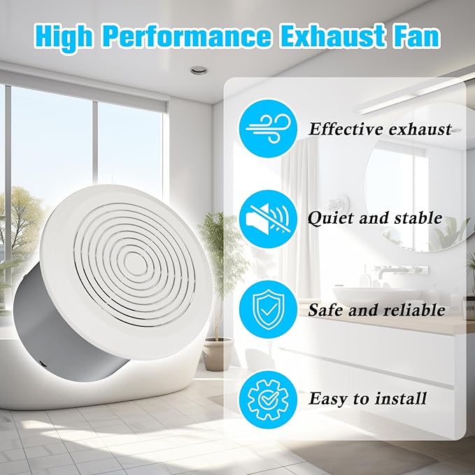 V2262-50 7 Inch Bathroom Exhaust Fan, 1.0 Sones, 50 CFM Ceiling Exhaust Fan, for 8" Opening, Quiet Effective Ventilation for Bathroom, Laundry Room, Kitchen, Mobile Home