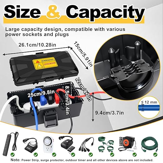 Medium Outdoor Electrical Box (10.3 x 5.9 x 3.7 in),IP54 Waterproof Extension Cord Connection Box with 6 Cable Entry Ports,Large Weatherproof Outlet Cover for Power Strip,Holiday Lights,Plug&Timer