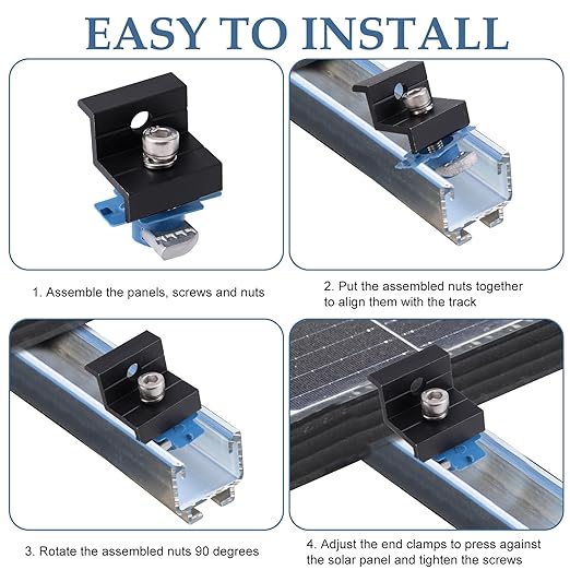 10pcs Solar Panel End Clamps for Unistrut Standard, 30mm/35mm Solar Panel Brackets with Nuts Bolts, Aluminum Alloy Mounting Rail Kit for Metal Tin Flat Sheet Roof Mount (Black)