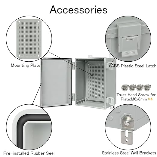 IP65 Waterproof Electrical Box Outdoor ABS Plastic Junction Box Project Box for Electronics Hinged Shell Enclosure with Mounting Plate, Wall Brackets, Cable Glands 11.8" x 7.9" x 6.3"