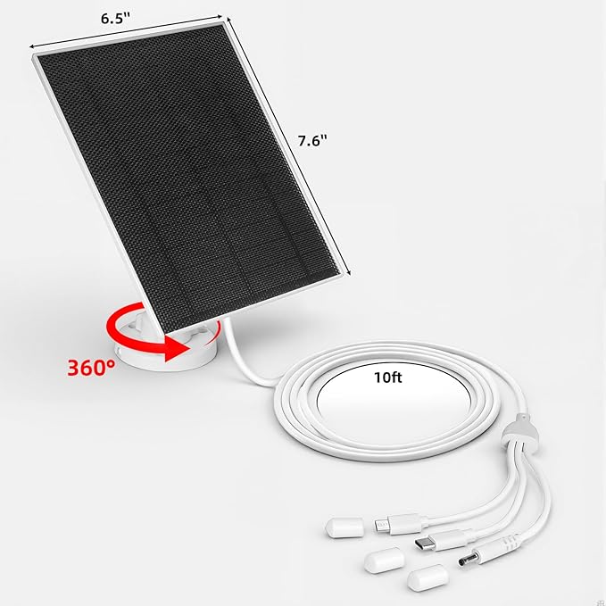 LIYVZ 5W Solar Panel for Security Camera 5V with Battery 8000mAh, 3-in-1 DC 3.5 * 1.35mm & Micro USB & USB C Solar Panel, High Efficiency ETFE Film, IP65 Waterproof, 10 Feet Cable