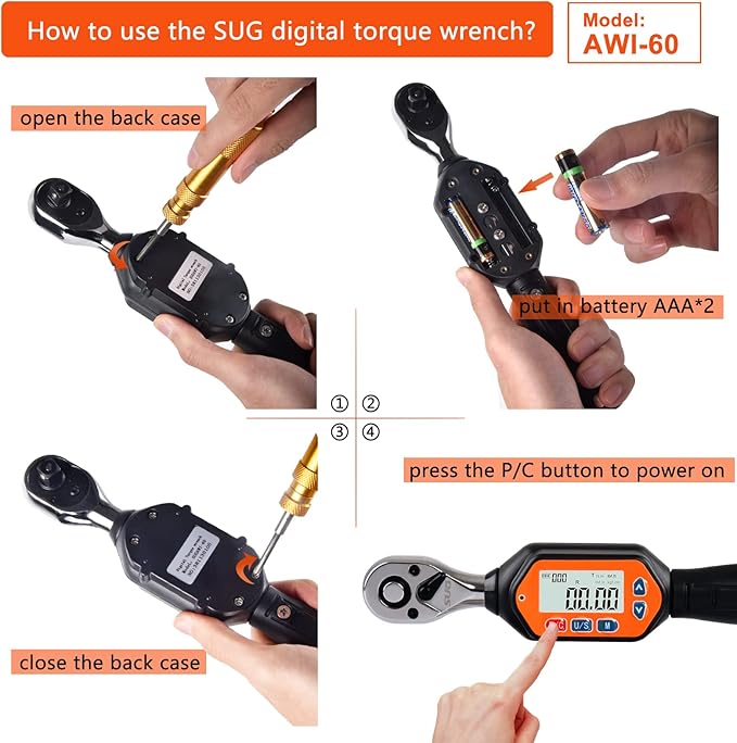 SUG Mini Digital Torque Wrench (3/8-Inch, 1.33-44.25 ft-lbs/1.8-60 Nm)
