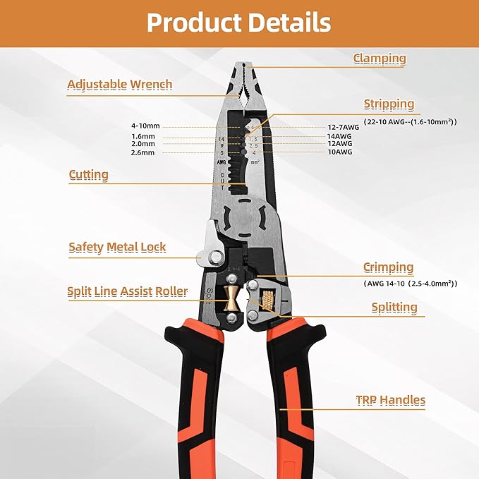 Wire Stripper Wire Crimping Tool - 10-in-1 Versatile Wire Cutter Crimper Cable Stripper AWG 22-10 Heavy Duty Wire Stripper Cutter Pliers Tool for Splitting,Stripping,Cutting,Crimping,Clamping