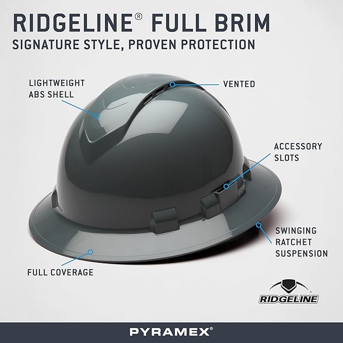 Pyramex Ridgeline Full Brim Vented Hard Hat 4 Point Ratchet Suspension