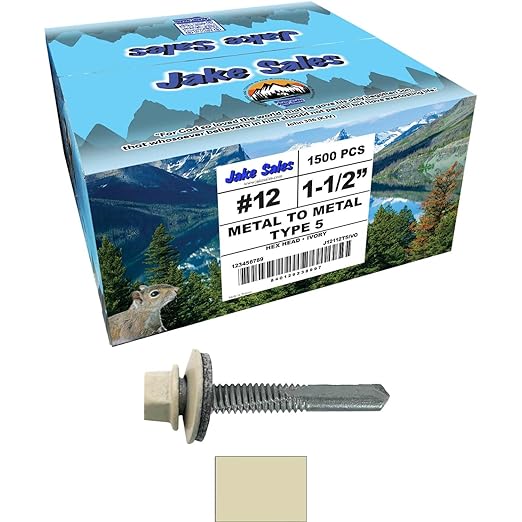 12 x 1-1/2" Ivory Type 5 Drill Point Roofing Screws - Hex Washer Head - Self-Starting/Tapping - EPDM Washer 6 X 250 Bags - 1,500 Screws
