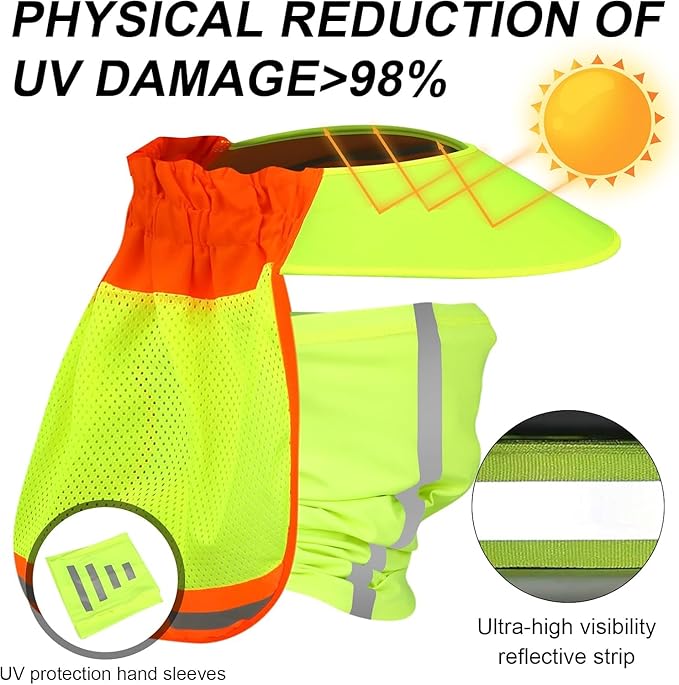 Hard Hat Sun Shade with Full Brim Visor, Shield Your Neck from Sun, Men's Construction Accessories for Hardhat Hats UV Sunshade Helmet Attachment with Reflective Strip, 2 pcs Set