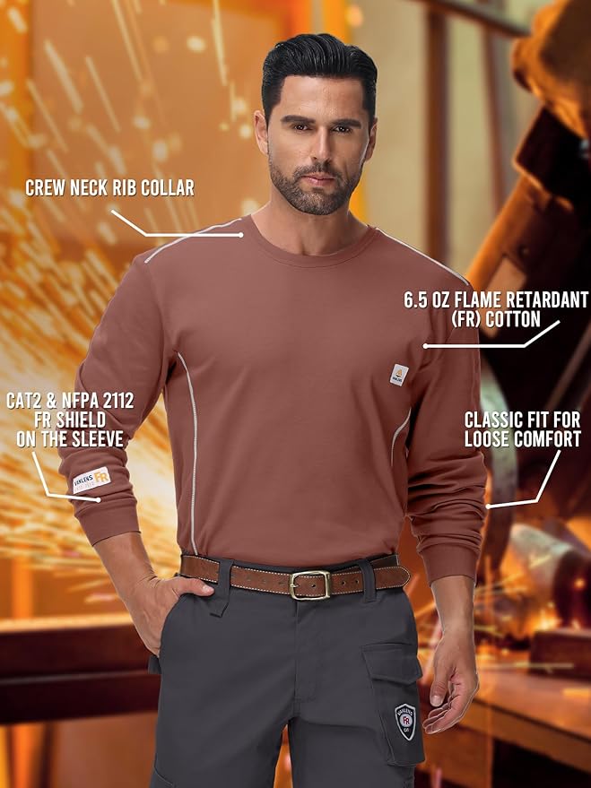 FR Shirts for Men CAT2/HRC2 6.5oz Lightweight Fire Resistant Shirts for Men Long Sleeve Crewneck T-Shirt