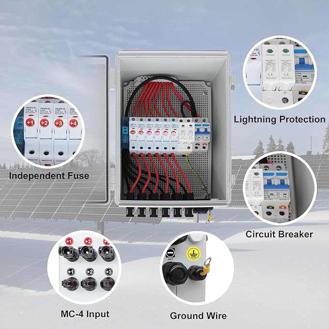 Solar Combiner Box, HXH PV Combiner Box 6 String with a 550V 2P 63A DC Circuit Breakers & Lightning Arreste for Solar Panels, IP 65 Waterproof