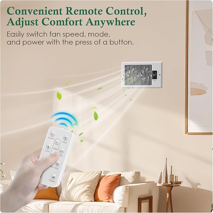 Register Booster Fan 6" x 10" with Negative Ion, Manual Airflow Direction Control, Quiet 10-Speed Heating Cooling AC Vent Fan with Remote & Thermostat Control for Wall Floor, White