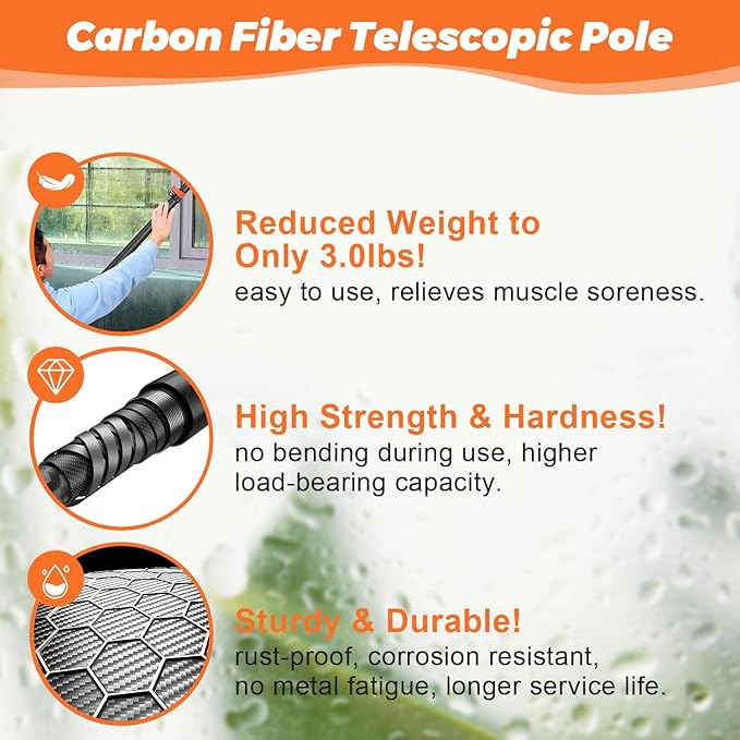 Window Washing Kit with Extension Pole 4.7 to 24FT, Long Squeegee for Window Cleaning Indoor Outdoor, Carbon Fiber Telescopic Pole for Window Cleaner Tool with Microfibre Pad & Chenille Cloth