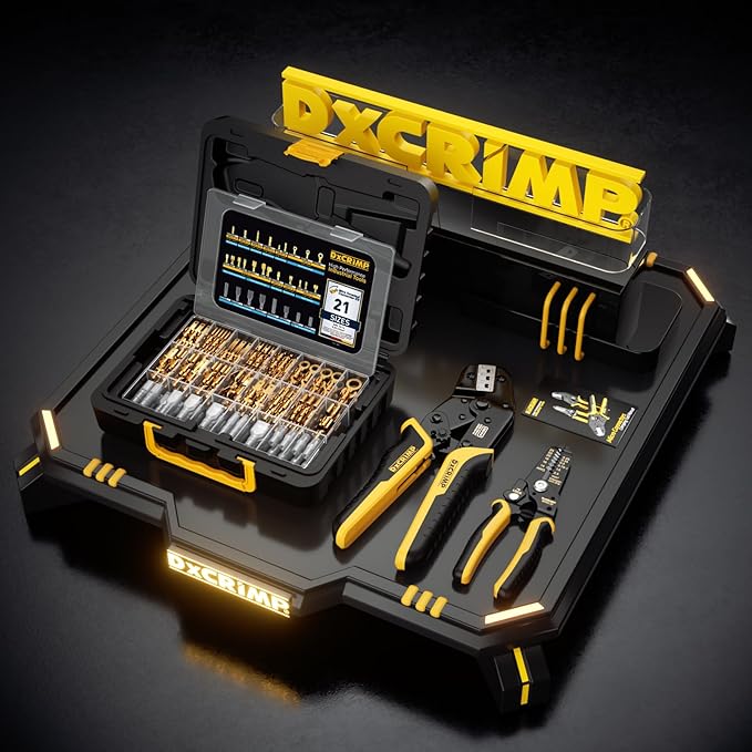 Crimping Tool Kit, 21-Type Open Spade & Quick-Disconnect Connector Set (2.8/3.9/4.8/6.3 mm) Non-Insulated Terminals with Wire Stripper, 24–14 AWG Ratcheting Crimper, for Auto, Appliance, DIY