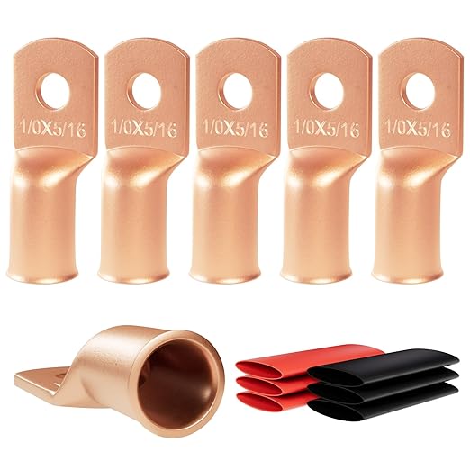 6pcs 1/0 Awg - 5/16" (M8) Sanuke Wire Lugs Ring Terminal Connectors Ends Heavy Duty for Battery Cable Lug Wire Electrical Eyelets with 3:1 Dual Wall Adhesive Heat Shrink