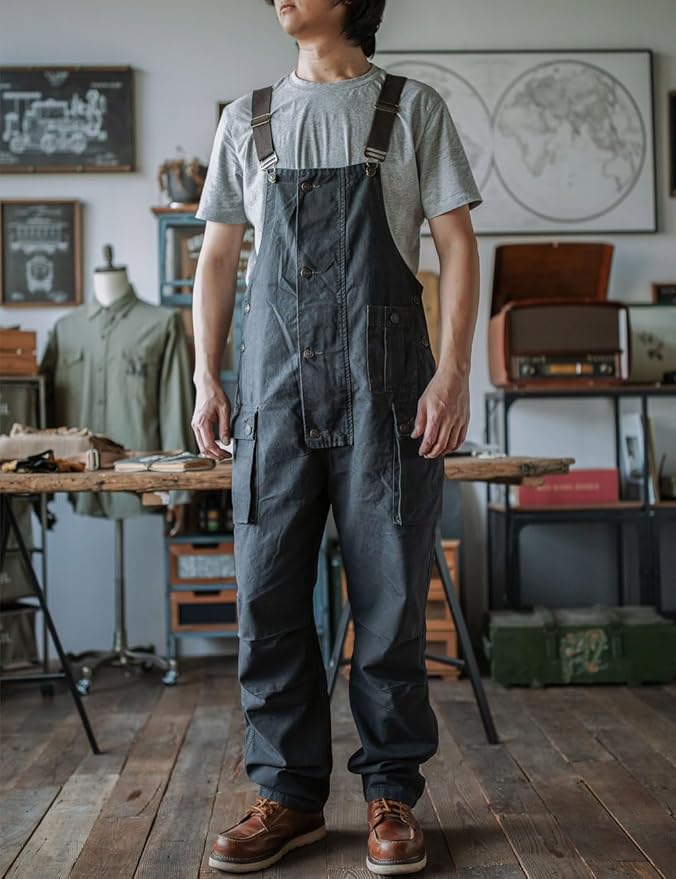 Rexcyril Men's Baggy Bib Overall Loose Fit Canvas Coveralls Workwear Dungarees Jumpsuit with Cargo Pockets
