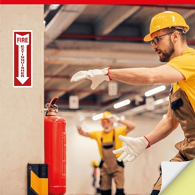OLANZU Pack of 5 Fire Extinguisher Stickers 4"x 12"- 5 Mil Vinyl - Fire Extinguisher Sign for business with Arrow- Durable Self Adhesive, Weatherproof and UV Protected-Ideal for Office, Home and Outdoor places