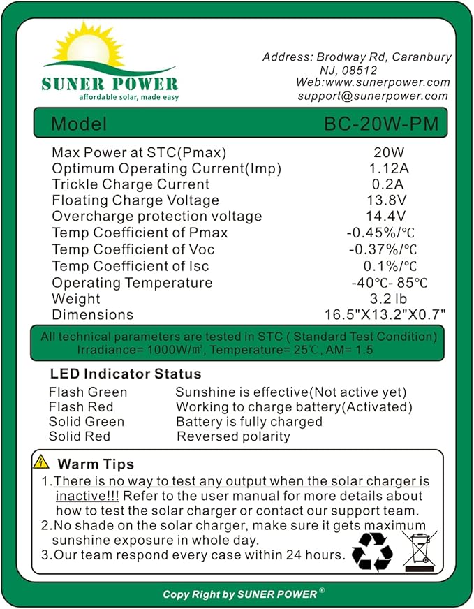 12V 20W Solar Battery Trickle Charger & Maintainer - Waterproof 20 Watt Solar Panel Built-in Smart MPPT Charge Controller + Adjustable Pole Mount Brackets for Pole Dia 1.5-3.0inch/40-80mm