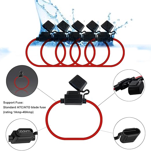 MuHize Fuse Holder - Upgraded 5 Pack 14AWG Standard Inline Waterproof Fuse Holders with 5A ATC/ATO Blade Fuses for Automotive RV, Quick Connect, No Splicing Needed