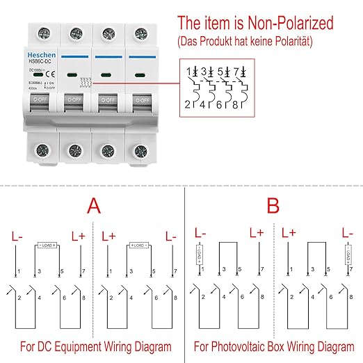 Heschen DC Miniature Circuit Breaker, HSB6C-DC, 4 Poles, DC1000V 63A, Photovoltaic Circuit Breaker, for Solar PV System Solar Panels Grid System, 35mm DIN Rail Mounting