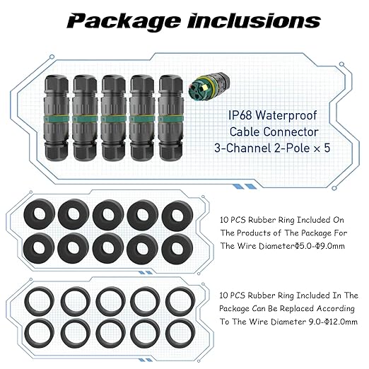 3 Pole Wire Connector Waterproof IP68 External Electrical Junction Box, Electrical Cable Connector, Easy to Install，M20 for Ø5-12mm Wire Range(AC 450V, 16A),UL,2 Way 3Pin 5Pack