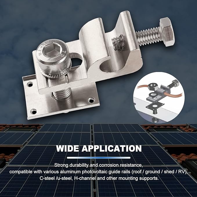 Solar Grounding Lugs Nickel-plated Lay-in Lugs Ground Wire Clamps for Copper Earth Wire 16-4AWG Fast Install on RV/Boat/Roof Solar Array