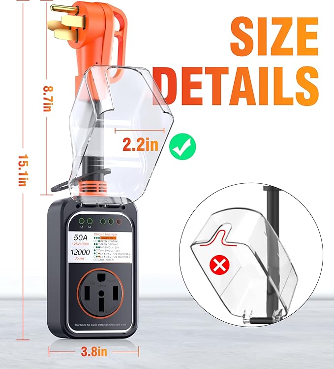 RV Surge Protector 50 Amp Waterproof, Upgraded 12000 Joules RV Power Protector （Safety-Certified）, RV Adapter Plug with Anti-Theft Cable Lock for Camper, Circuit Analyzer for Travel Trailers