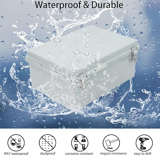 Junction Box, Hinged Cover Stainless Steel Latch IP67 Waterproof ABS Project Box with 2 Cable Glands, Electrical Box Enclosure with Mounting Plate & Wall Bracket 13.8 x 9.8 x 5.9inch